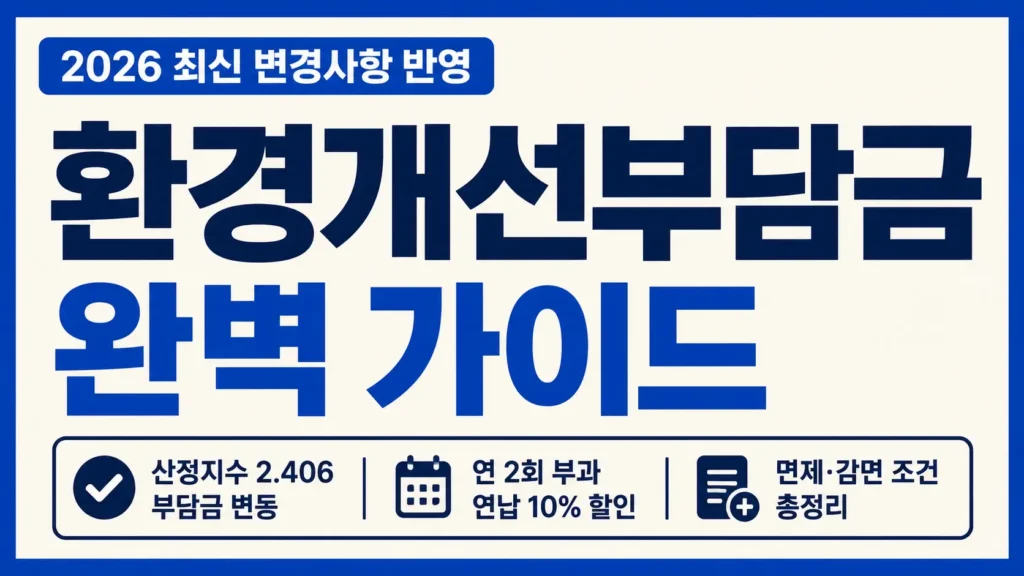 환경개선부담금 완벽 가이드를 위해 2026 산정지수, 연 2회 부과, 면제·감면 조건을 강조한 타이포그래피 썸네일
