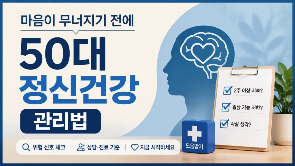 50대 정신건강 관리와 위험 신호 확인을 위해 체크리스트와 상담·진료 기준을 보여주는 정보형 블로그 썸네일