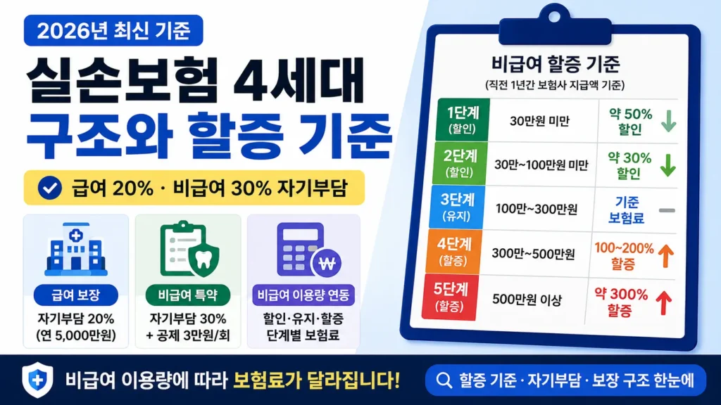 4세대 실손보험의 급여·비급여 자기부담 구조와 비급여 이용량에 따른 할증 기준을 한눈에 정리한 썸네일 이미지입니다.