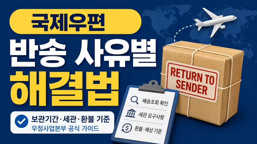 국제우편 반송 여부를 확인하기 위해 반송 택배 상자와 배송조회, 세관 확인, 환불·배상 기준을 함께 보여주는 정보형 블로그 썸네일