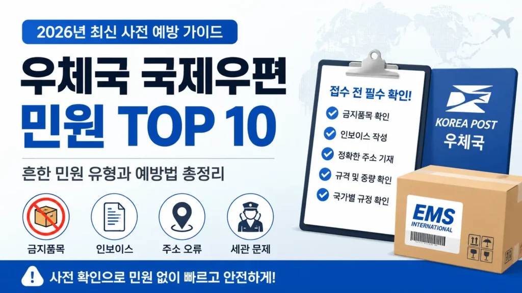 우체국 국제우편 접수 전 금지품목과 인보이스, 주소 오류 등 주요 민원 예방 항목을 확인하는 정보형 썸네일