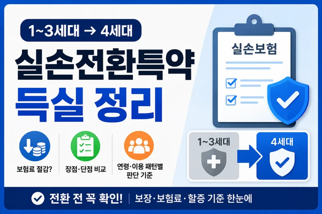 1~3세대 실손보험을 4세대로 전환하기 전 보험료와 보장, 할증 기준을 체크하는 썸네일 이미지입니다.