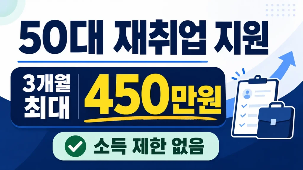50대 재취업 지원금 3개월 최대 450만원과 소득 제한 없음 조건을 강조한 타이포그라피 썸네일
