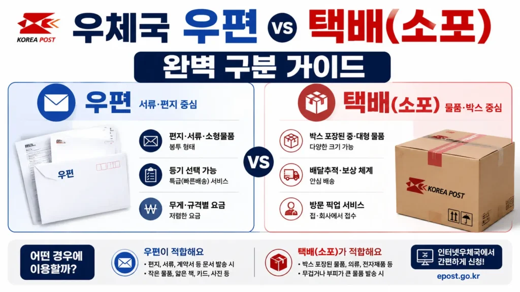 우편과 택배(소포)의 차이를 비교하고 서류 발송과 물품 배송 기준을 확인하는 정보형 썸네일