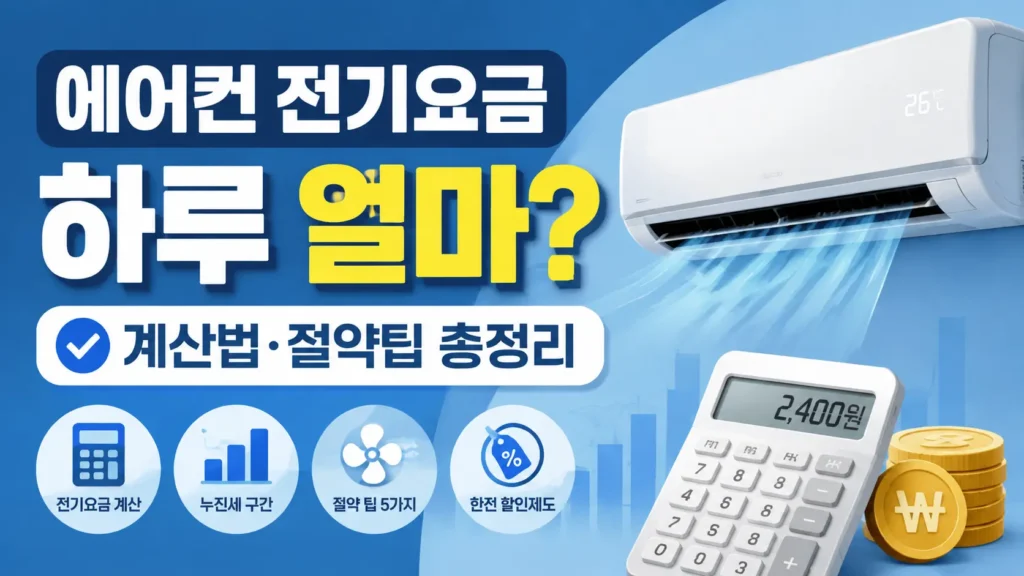 에어컨과 계산기 아이콘으로 하루 전기요금 계산법과 냉방비 절약 정보를 확인하는 정보형 블로그 썸네일