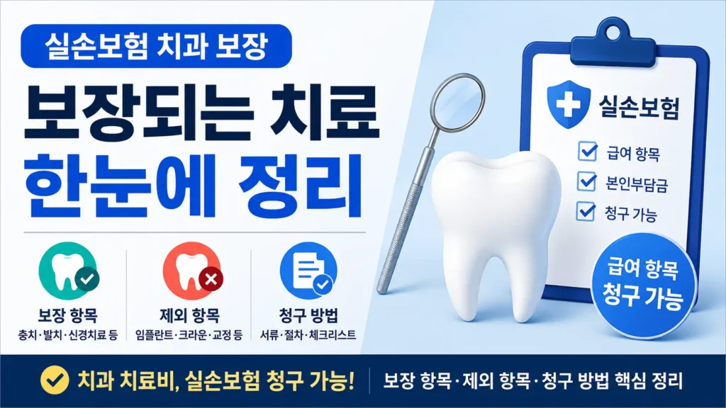 치과 치료 중 실손보험 청구가 가능한 급여 항목과 제외 항목을 구분해 보여주는 썸네일 이미지입니다.