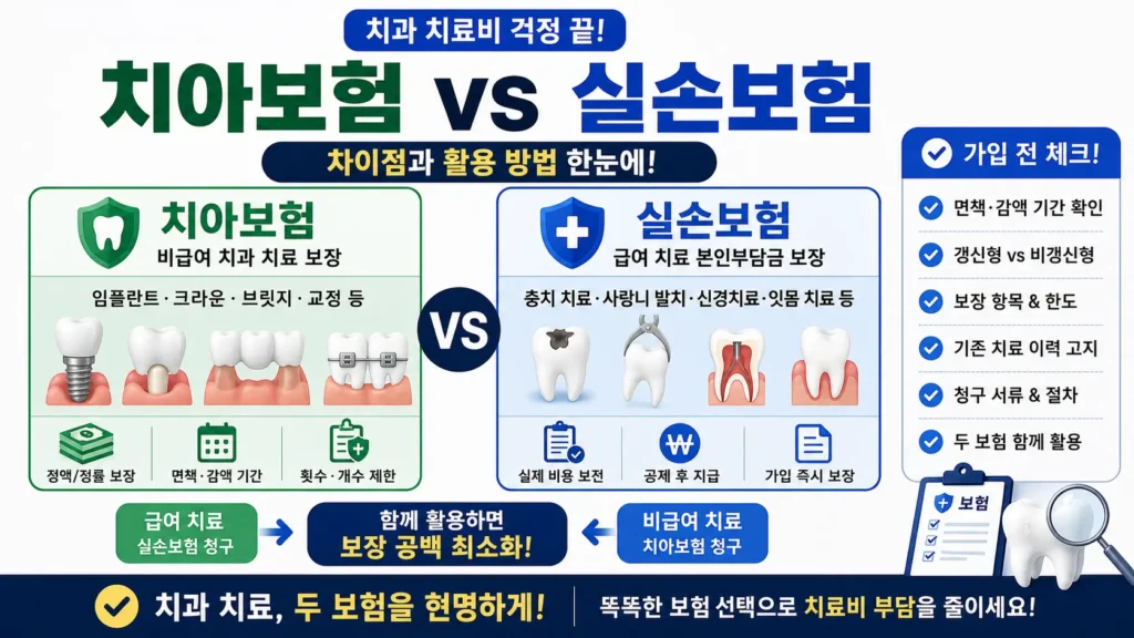 치아보험과 실손보험의 보장 항목 차이와 급여·비급여 활용 방법을 비교해 보여주는 썸네일 이미지입니다.