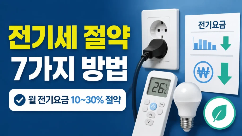 전기요금 절약을 위해 대기전력 차단과 냉방 온도 조절 등 주요 절약 방법을 보여주는 정보형 썸네일