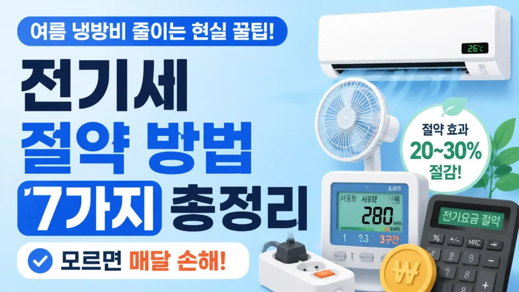 에어컨과 선풍기, 전기 사용량 확인 화면을 활용해 여름철 냉방비 절약 방법을 안내하는 정보형 블로그 썸네일