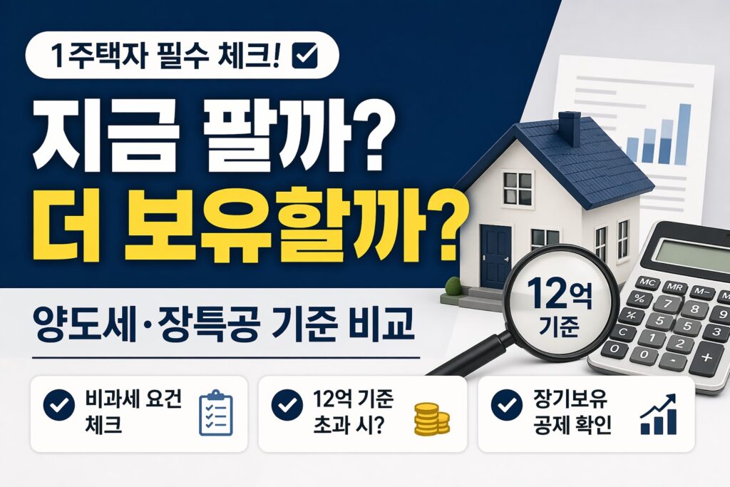 주택 아이콘, 계산기, 돋보기를 배치하고 12억 기준과 비과세·장기보유특별공제 확인 요소를 함께 보여주며 1주택자의 매도와 보유 판단 기준을 비교하는 정보형 썸네일.