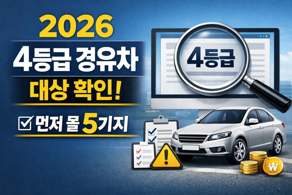 2026년 4등급 경유차 조기폐차 대상 여부를 확인하기 위해 차량, 돋보기, 체크리스트, 지원금 아이콘을 함께 배치한 정보형 블로그 썸네일.
