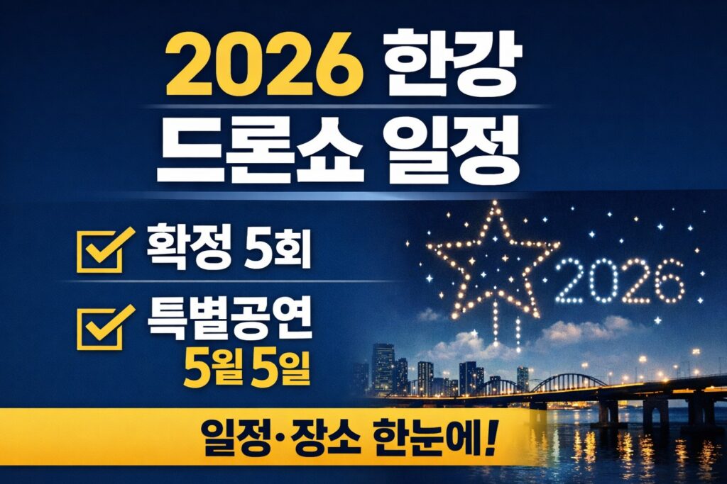 한강 야경과 드론쇼 그래픽 위에 2026 한강 드론쇼 일정, 확정 5회, 5월 5일 특별공연, 일정·장소 한눈에 문구를 배치해 상반기 공연 정보를 빠르게 확인하도록 만든 블로그 썸네일.