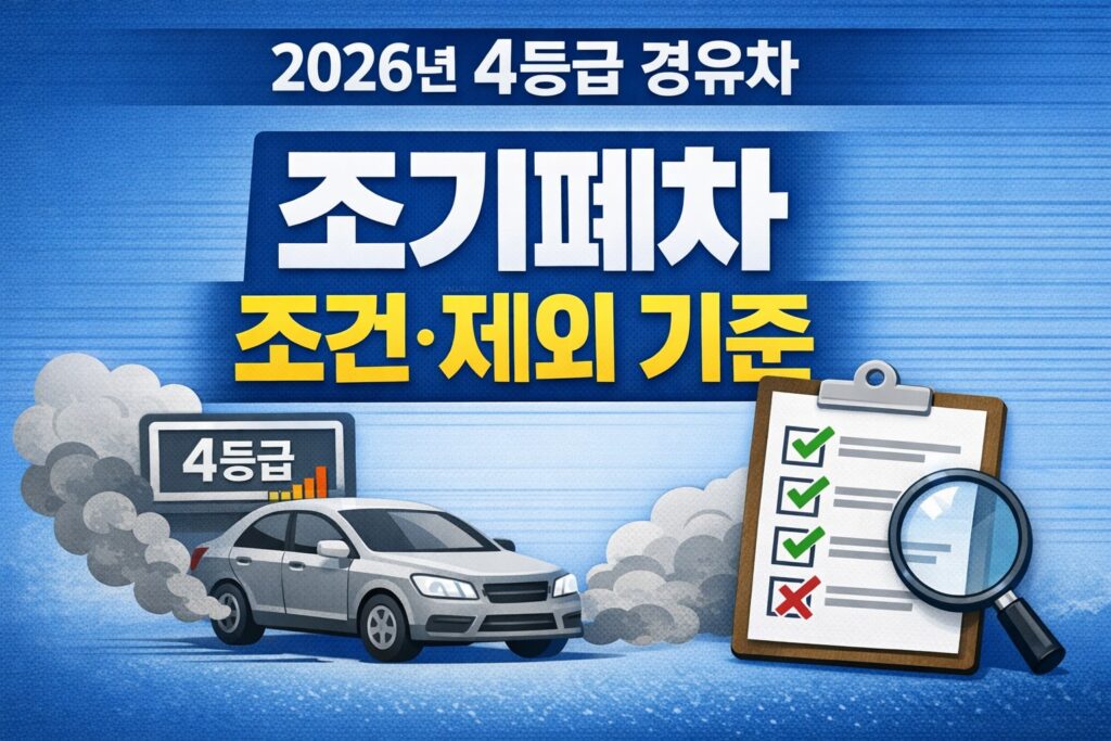 2026년 4등급 경유차 조기폐차 대상 조건과 제외 기준을 체크리스트와 차량 이미지로 정리한 정보형 블로그 썸네일.