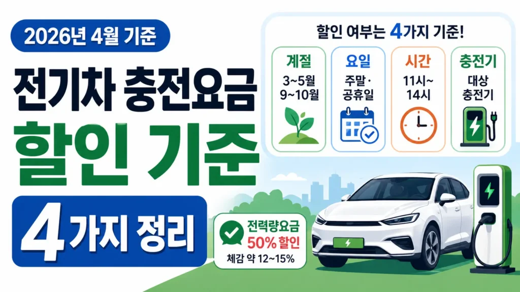 전기차와 충전기 일러스트 옆에 계절·요일·시간·충전기 조건을 배치해 충전요금 할인 기준 4가지를 정리한 썸네일입니다.