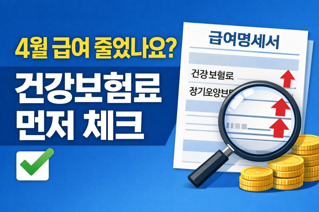 4월 급여가 줄었을 때 건강보험료 정산 여부를 먼저 확인하라는 내용을 급여명세서, 돋보기, 체크 표시로 보여주는 정보형 썸네일.