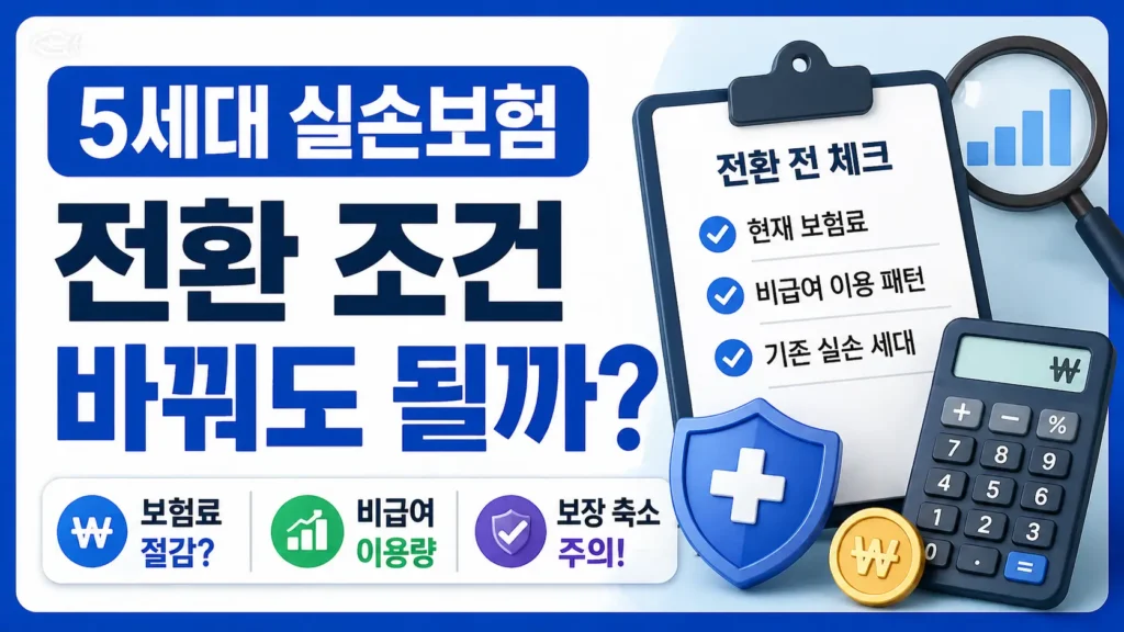 5세대 실손보험 전환 전 현재 보험료, 비급여 이용 패턴, 기존 실손 세대를 체크하는 기준을 보여주는 정보형 썸네일입니다.