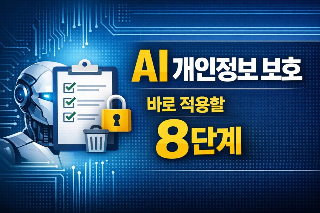 AI 개인정보 보호 설정을 상징하는 로봇, 체크리스트, 자물쇠 아이콘과 함께 ‘AI 개인정보 보호’, ‘바로 적용할 8단계’ 문구가 강조된 정보형 블로그 썸네일입니다