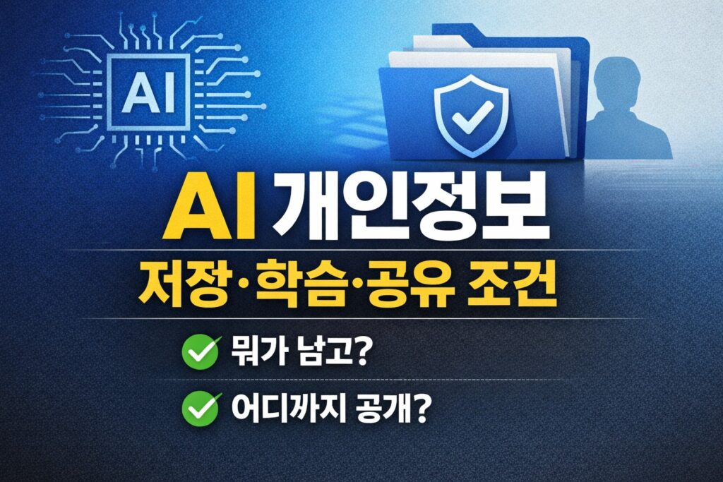 AI 개인정보의 저장·학습·공유 조건을 비교해 확인하는 정보형 블로그 썸네일입니다.