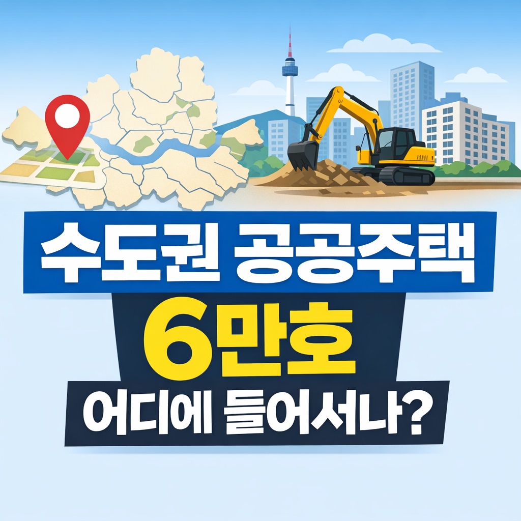 수도권 공공주택 6만호 공급지를 주제로 서울 지도와 건설 장비를 배경으로 배치하고, ‘수도권 공공주택 6만호 어디에 들어서나?’ 문구를 크게 보여주는 정보형 블로그 썸네일.
