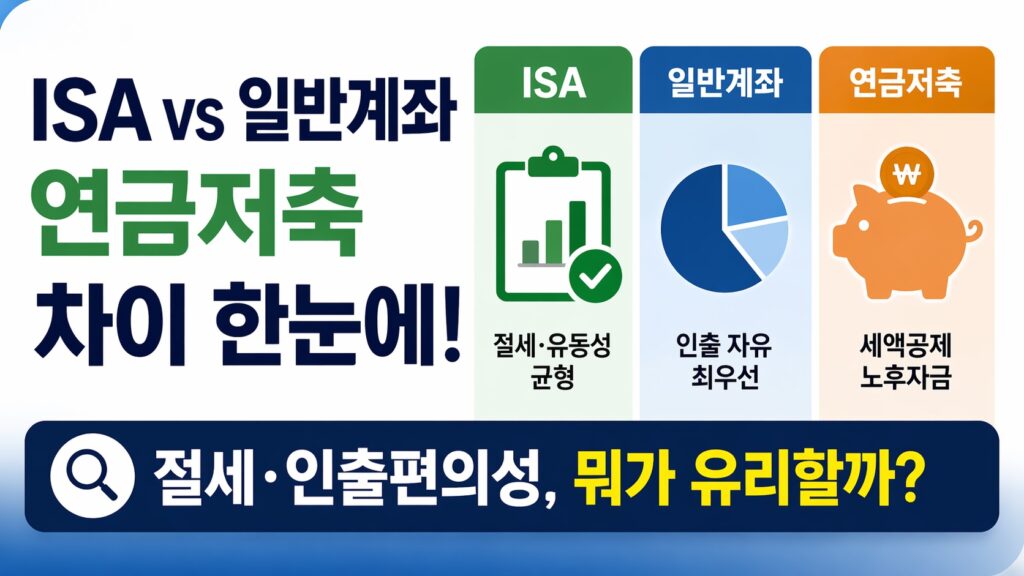 ISA, 일반계좌, 연금저축을 나란히 배치해 절세와 인출 편의성 차이를 비교하는 정보형 블로그 썸네일.