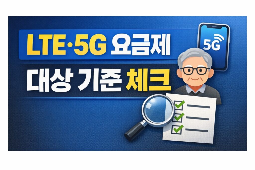 통신3사 LTE·5G 요금제 개편의 적용 대상 기준을 확인하는 내용을 담은 썸네일로, 5G 스마트폰 아이콘과 체크리스트, 어르신 일러스트가 함께 배치된 이미지입니다.