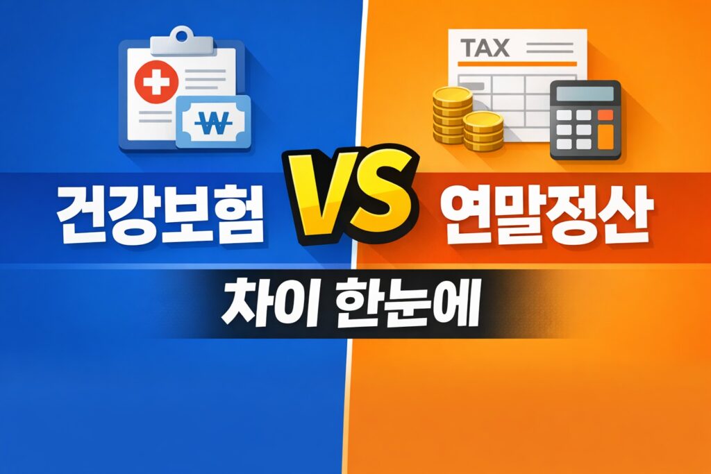 건강보험 정산과 연말정산의 차이를 한눈에 비교할 수 있도록 좌우 분할 구성과 아이콘으로 구분한 정보형 블로그 썸네일.