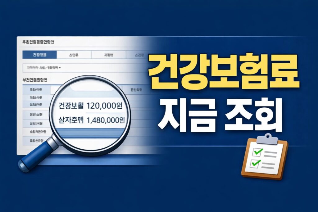 국민건강보험공단 조회 화면과 돋보기, 체크보드 아이콘을 배치해 건강보험료 정산 내역 조회와 급여명세서 확인 포인트를 안내하는 블로그 썸네일.