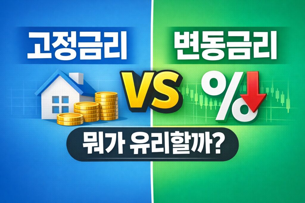 고정금리와 변동금리를 좌우 비교 구도로 보여주며, 주택 대출 선택 기준을 한눈에 이해할 수 있게 구성한 금융 비교 썸네일.