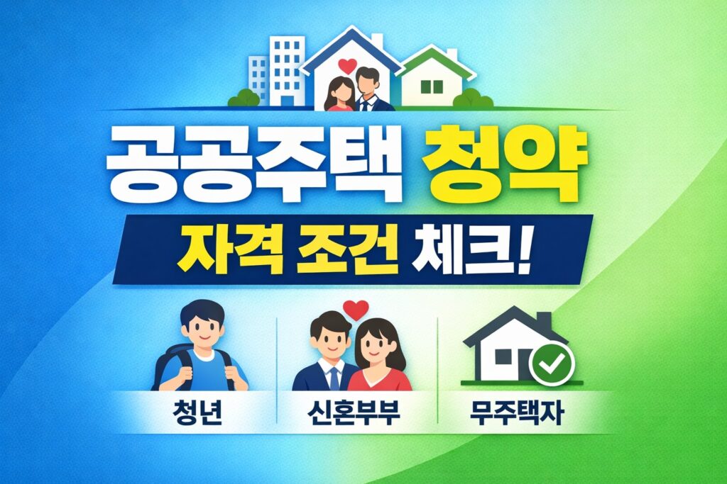 공공주택 청약 자격 조건을 청년, 신혼부부, 무주택자로 나눠 한눈에 확인할 수 있게 정리한 정보형 썸네일.