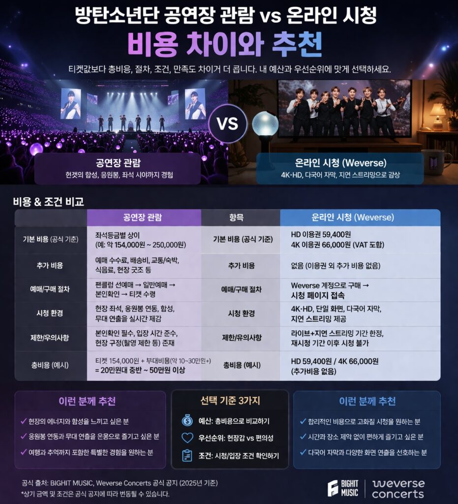 방탄소년단 공연장 관람 vs 온라인 시청 비용 차이와 추천
