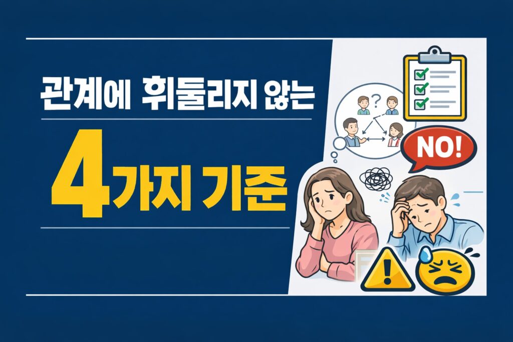 관계 문제로 고민하는 남녀의 일러스트와 체크리스트, 거절 말풍선을 함께 배치해 관계에 휘둘리지 않기 위한 핵심 기준을 보여주는 블로그 썸네일입니다.