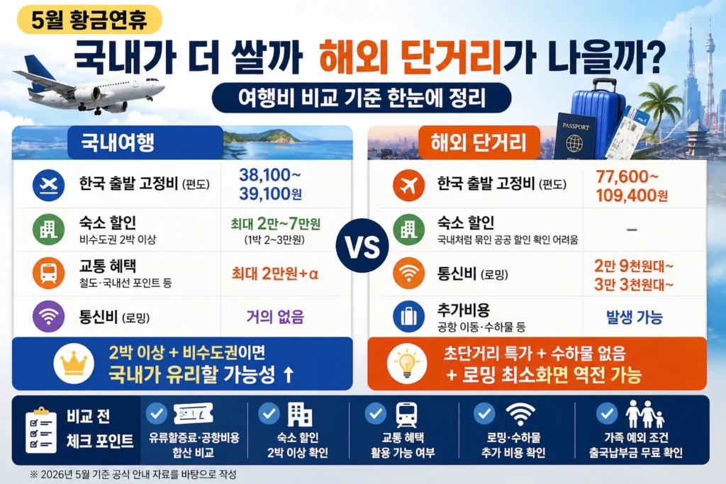 국내여행과 해외 단거리 여행을 좌우 비교로 배치해 출발 고정비, 숙소 할인, 교통 혜택, 로밍과 추가비용 기준으로 5월 황금연휴 여행비를 비교하는 정보형 썸네일.