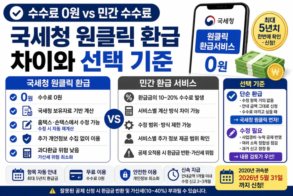 국세청 원클릭 환급과 민간 환급 서비스의 차이를 비교하는 썸네일로, 수수료 0원과 민간 수수료, 수정 범위, 개인정보 제공, 과다환급 위험, 선택 기준이 한눈에 보이도록 정리된 이미지입니다.