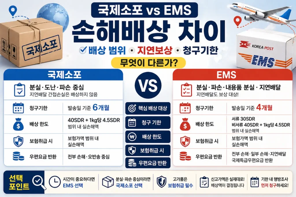국제소포와 EMS 손해배상 차이를 비교한 정보형 썸네일로, 좌우 비교 구도 안에 배상 범위, 지연보상 가능 여부, 청구기한, 배상 한도와 보험취급 차이를 한눈에 보여주는 이미지입니다.
