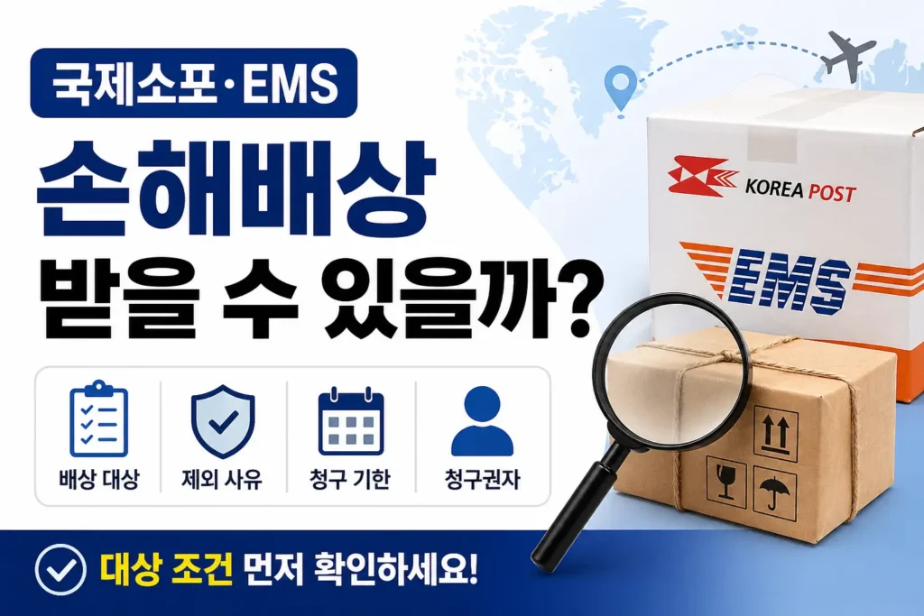 국제소포와 EMS 손해배상 가능 여부를 확인하는 정보형 썸네일로, 우편 상자와 돋보기, 체크 아이콘을 배치해 배상 대상·제외 사유·청구 기한·청구권자 확인 포인트를 보여주는 이미지입니다.