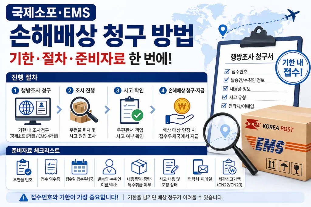 국제소포와 EMS 손해배상 청구 절차를 안내하는 정보형 썸네일로, 행방조사 청구서와 우편 상자, 단계별 절차 아이콘을 배치해 기한 확인, 조사청구, 사고 확인, 준비자료 체크 흐름을 한눈에 보여주는 이미지입니다.