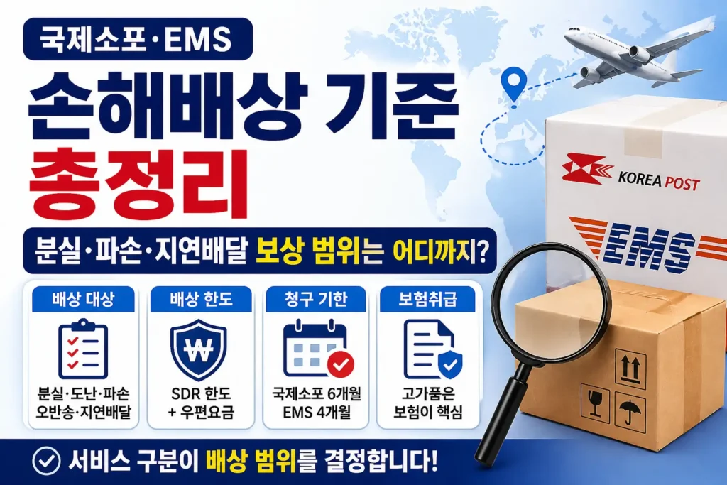 국제소포와 EMS의 손해배상 기준을 비교해 보여주는 정보형 썸네일로, 우편 상자와 항공 배송 이미지, 체크형 아이콘을 배치해 배상 대상·배상 한도·청구 기한·보험취급 핵심 포인트를 한눈에 확인하게 한 이미지입니다.