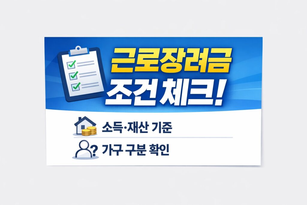 근로장려금 신청 전 가구 구분과 소득·재산 기준을 확인하는 정보형 썸네일.
