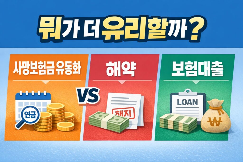 사망보험금 유동화, 해약, 보험대출 세 가지 선택지를 비교해 어떤 방식이 더 유리한지 한눈에 보여주는 정보형 블로그 썸네일.