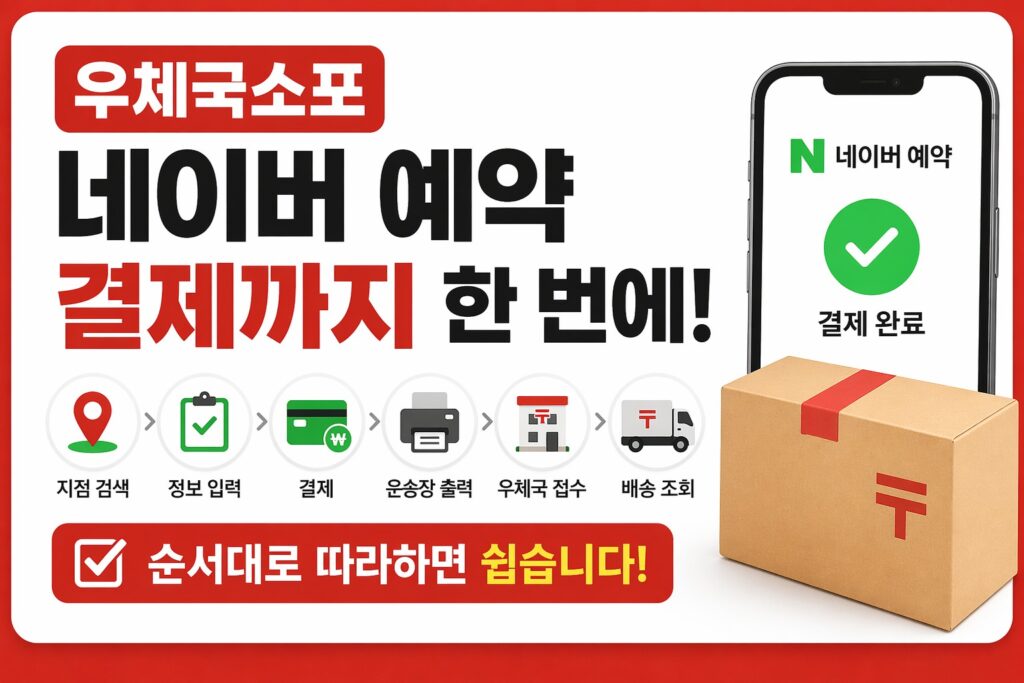 우체국소포 네이버 예약의 결제까지 진행 순서를 보여주는 썸네일로, 스마트폰 예약 화면과 택배 상자, 지점 검색부터 운송장 출력까지의 단계가 함께 배치된 이미지입니다.