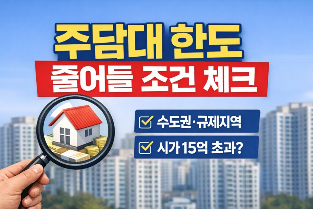 아파트 배경 위에 돋보기 속 집과 체크 항목이 보이고, ‘주담대 한도 줄어들 조건 체크’ 문구로 2026 대출 규제에 따른 한도 확인 포인트를 강조한 썸네일. 