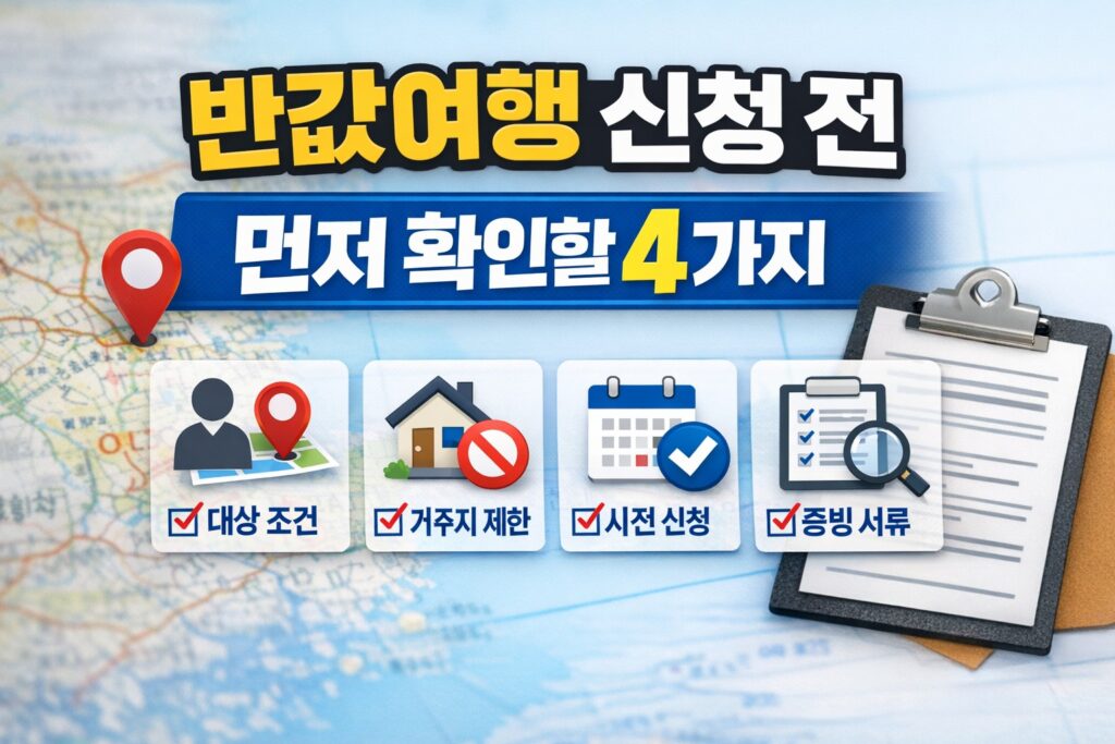 반값여행 신청 전에 대상 조건, 거주지 제한, 사전 신청, 증빙 서류를 먼저 확인해야 한다는 내용을 체크 아이콘과 서류 이미지로 보여주는 블로그 썸네일.