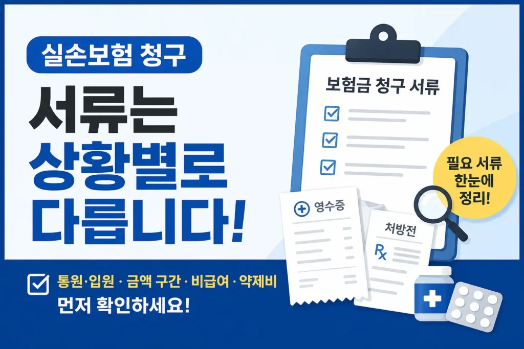 실손보험 청구 전에 통원·입원 구분과 금액, 비급여, 약제비에 따라 필요한 서류를 확인하는 내용을 서류 아이콘과 체크리스트로 보여주는 블로그 썸네일입니다.