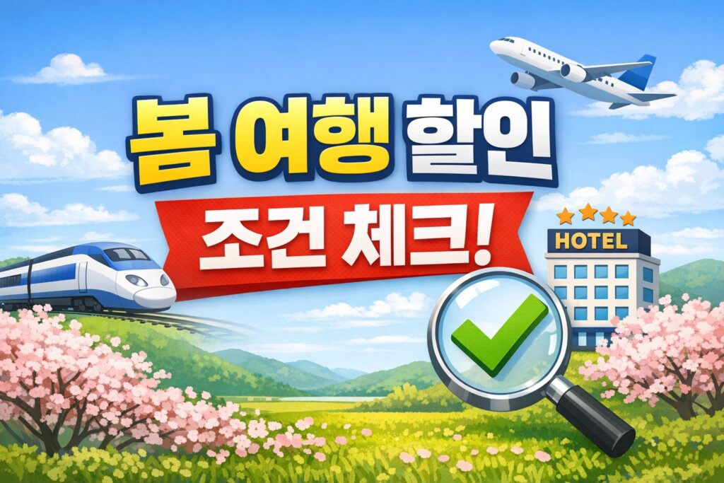 봄 국내여행 할인 혜택을 확인하는 내용을 담아 기차, 비행기, 호텔 아이콘과 체크 표시를 배치한 정보형 블로그 썸네일입니다.