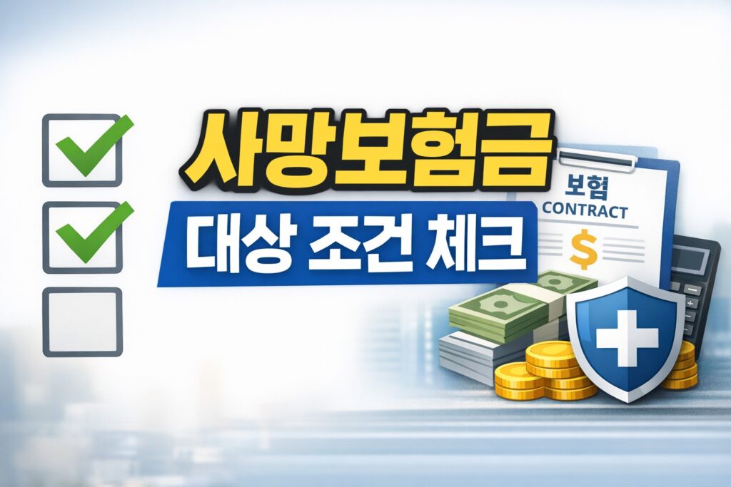 사망보험금 유동화 대상 조건을 확인하는 글을 위한 썸네일로, 체크박스와 보험 계약서, 계산기, 보호 방패 아이콘을 함께 배치해 대상 여부와 조건 점검의 의미를 보여준다.