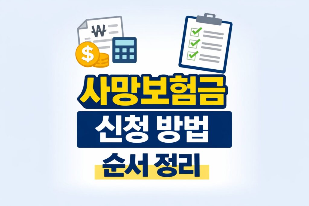사망보험금 유동화 신청 절차와 확인 포인트를 문서, 계산기, 체크리스트 아이콘으로 정리한 정보형 블로그 썸네일.