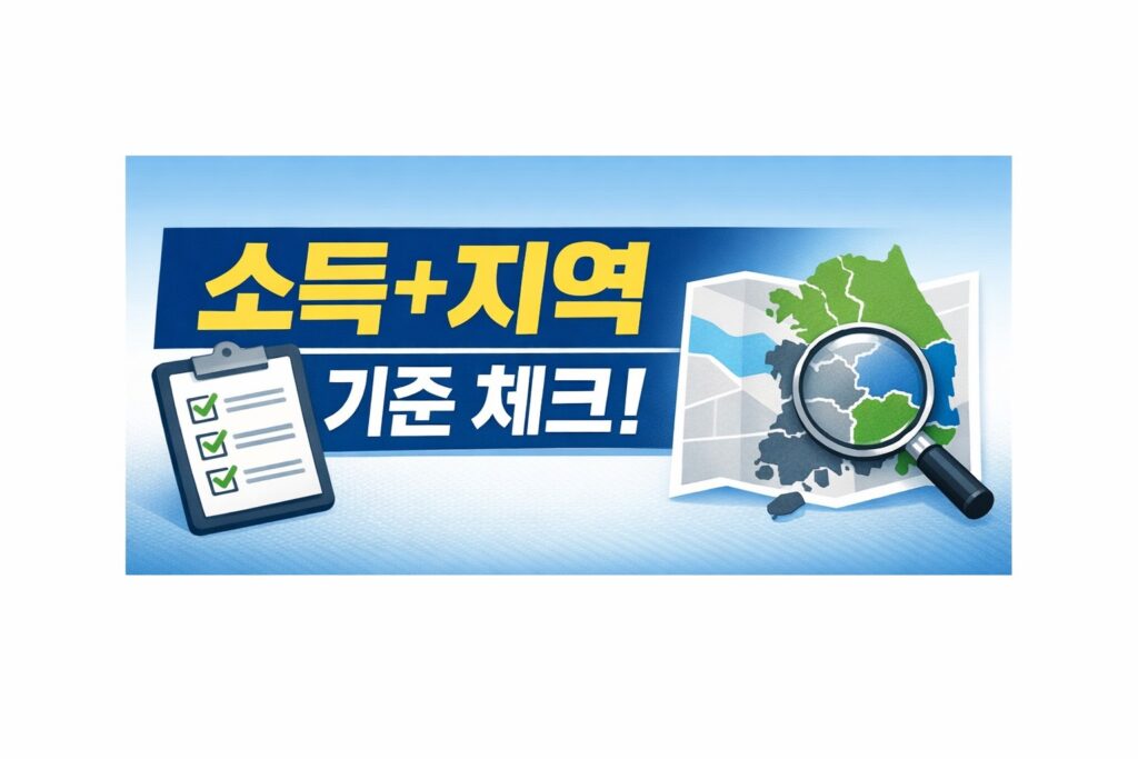 소득 구간과 주소지 유형에 따라 달라지는 고유가 피해지원금 기준을 체크리스트와 지역 확인 이미지로 표현한 블로그 썸네일.