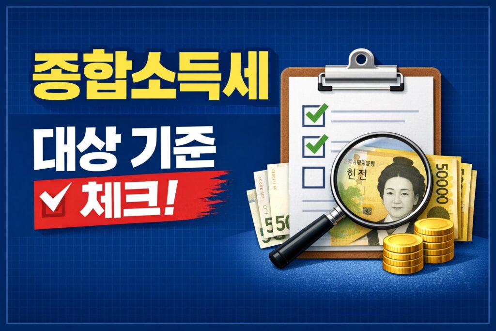 종합소득세 신고 대상 기준을 점검하는 내용을 보여주는 썸네일로, 큰 제목 문구와 체크리스트, 돋보기, 현금 아이콘이 함께 배치된 이미지.