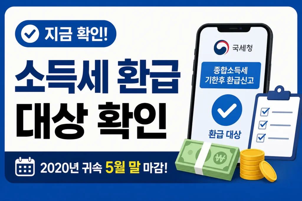 국세청 소득세 환급 대상 여부를 확인하는 블로그 썸네일로, 스마트폰 조회 화면과 체크리스트, 환급금 아이콘, 2020년 귀속 5월 말 마감 안내가 함께 보이는 이미지입니다.