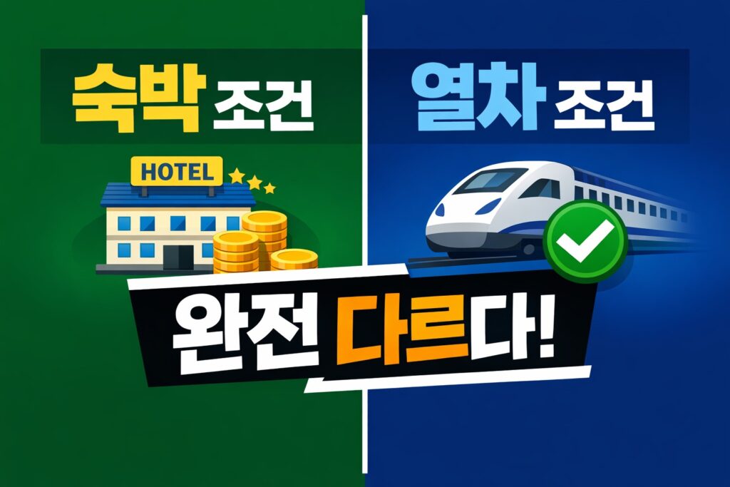 숙박 할인 조건과 열차 할인 조건이 서로 다름을 호텔과 열차 아이콘으로 대비해 보여주는 정보형 블로그 썸네일.